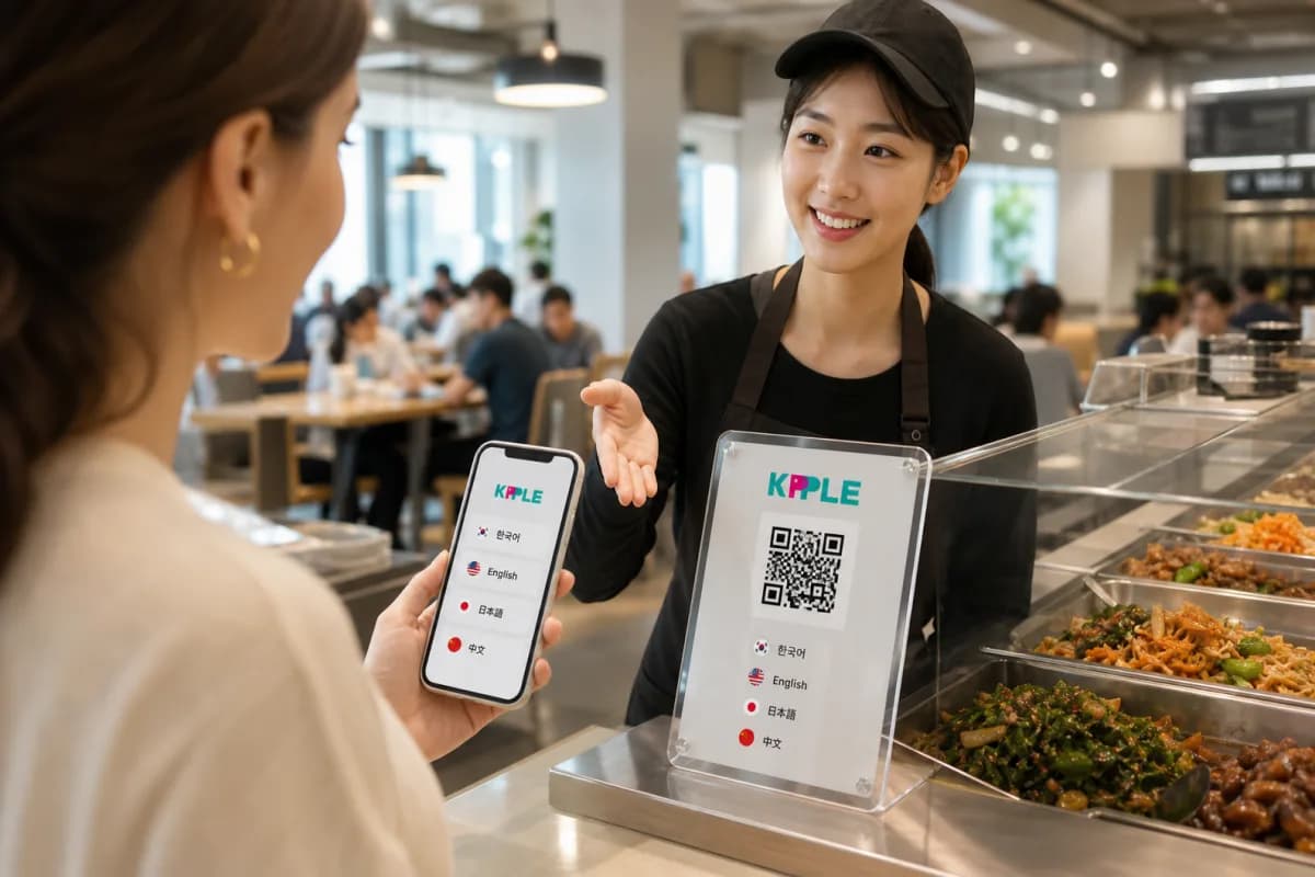 음식점 손님이 KPPLE QR에서 한국어, 영어, 일본어, 중국어 메뉴를 선택하는 모습