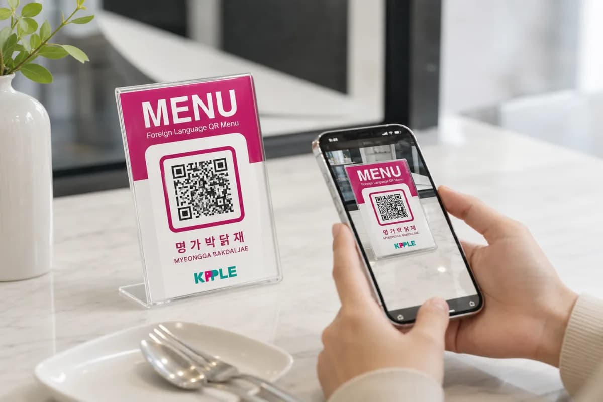 음식점 테이블의 KPPLE QR 메뉴를 스마트폰으로 스캔하는 모습