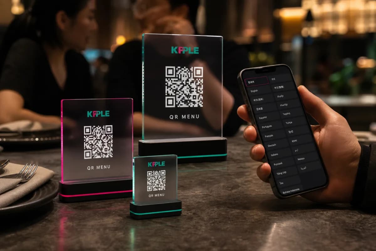 한 매장에서 사용할 수 있는 KPPLE QR 메뉴 스탠드 세 개와 다국어 메뉴 화면